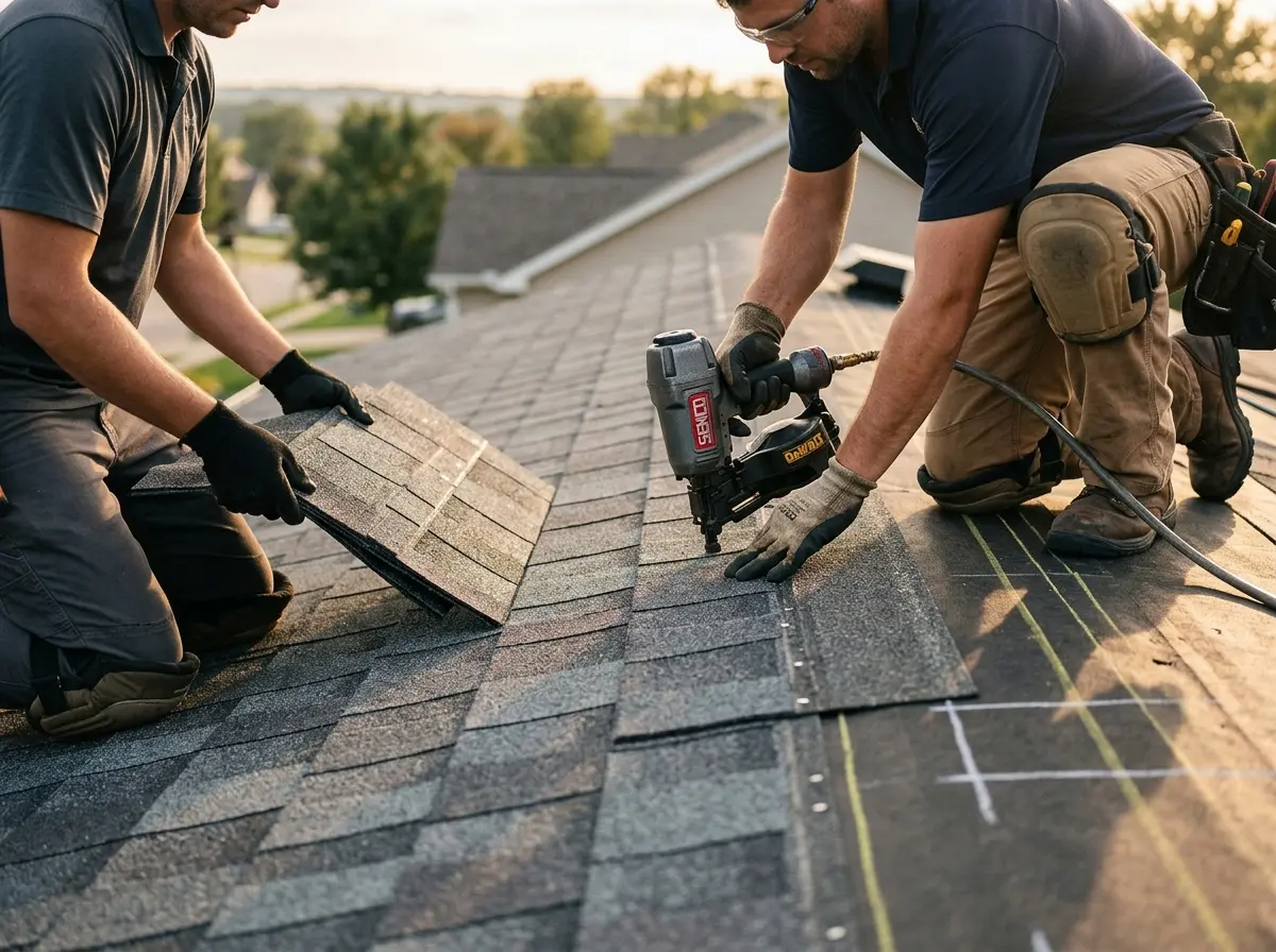 Professional roofer working on a residential roof in Lake Monticello